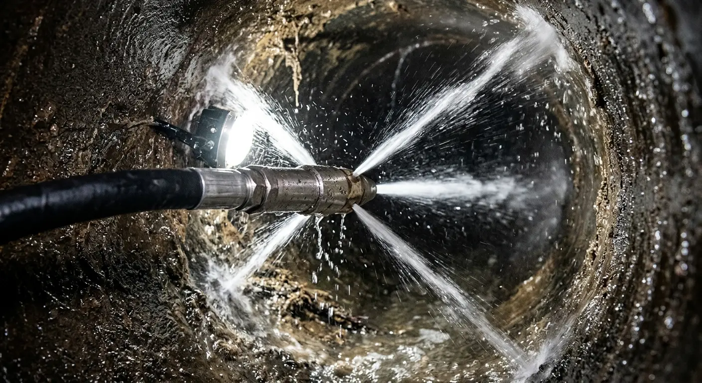 High-pressure hydro jetting nozzle cleaning sewer pipe for Trenchless Sewer Repair in Beaver Dam