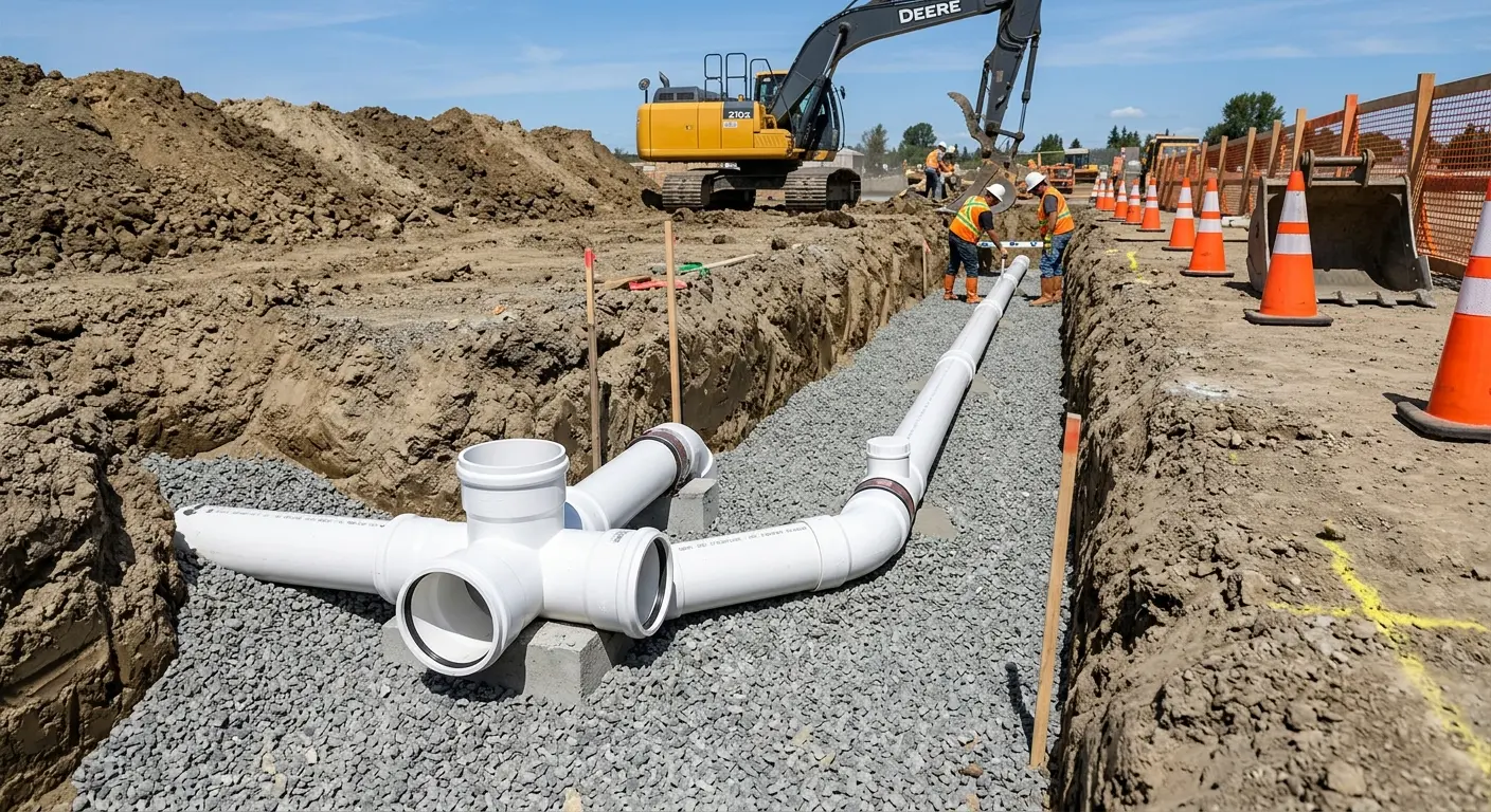 New PVC sewer pipe installation in open trench for Commercial Drain Cleaning in Beaver Dam
