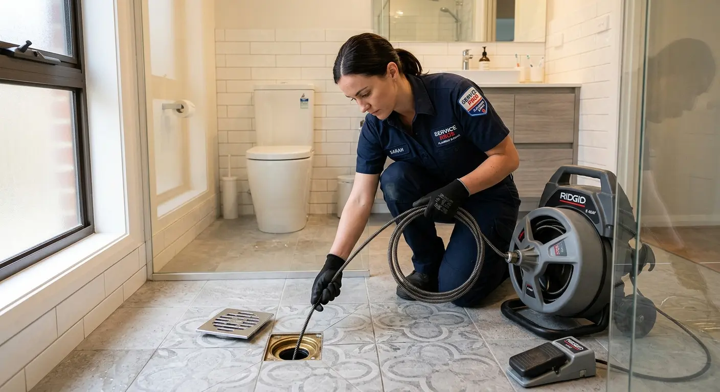 Technician clearing a bathroom floor drain for Sewer Line Replacement in Beaver Dam